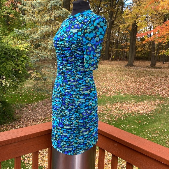 NWOT Ganni Blue Floral Ruched Blue Dress, Measurements in photos below. - Picture 2 of 11